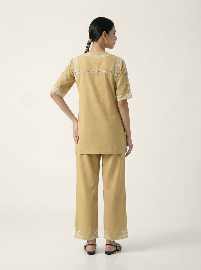 Beige Schiffli Embroidered Kurta and Pants Co-ord Set
