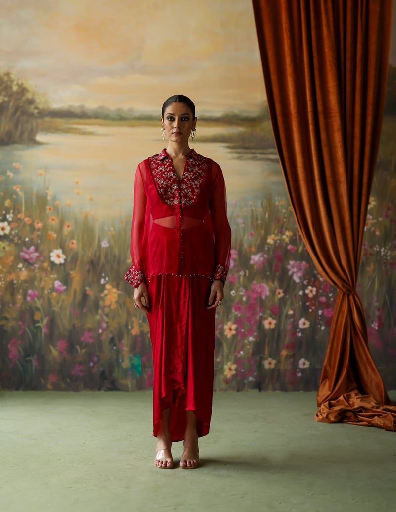 Scarlet Embroidered Organza Shirt and Draped Skirt Co-ord Set
