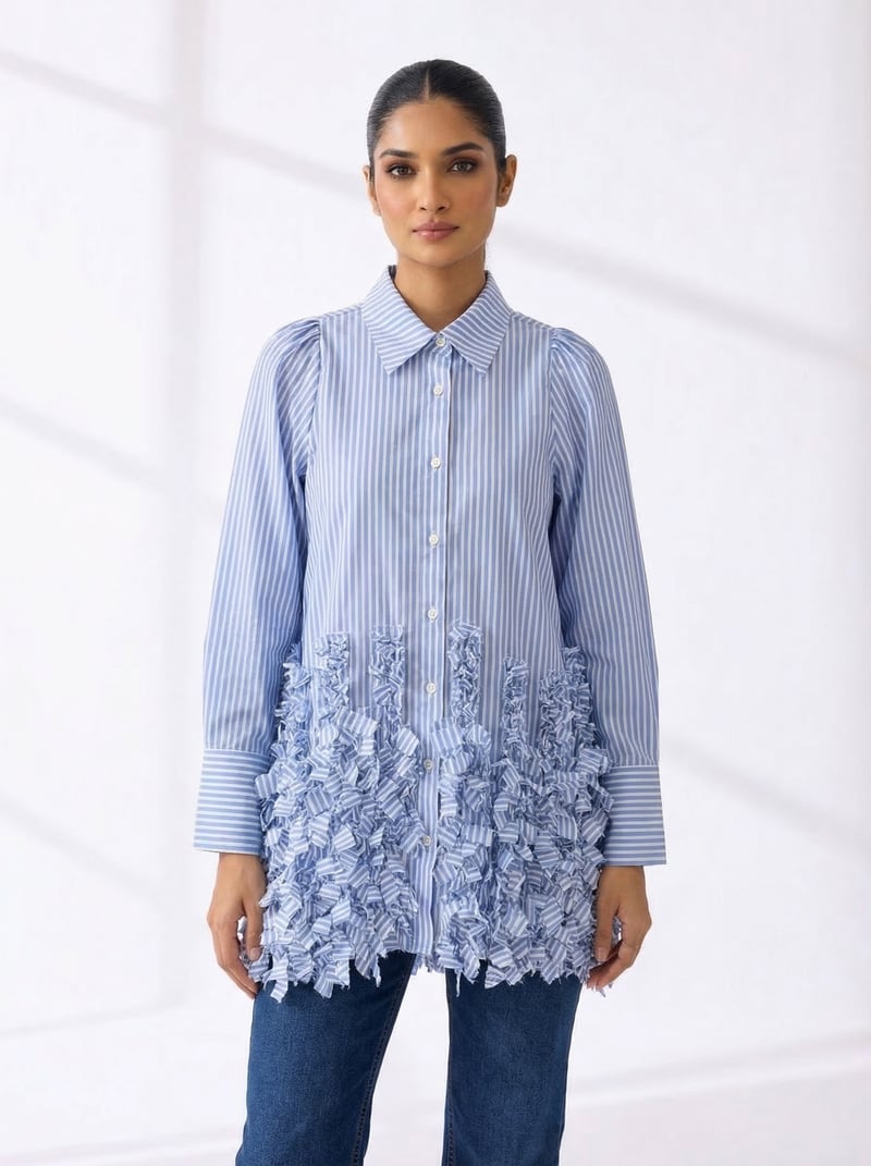 Blue Striped Longline Shirt with 3D Ruffle Hem — KIHIKI