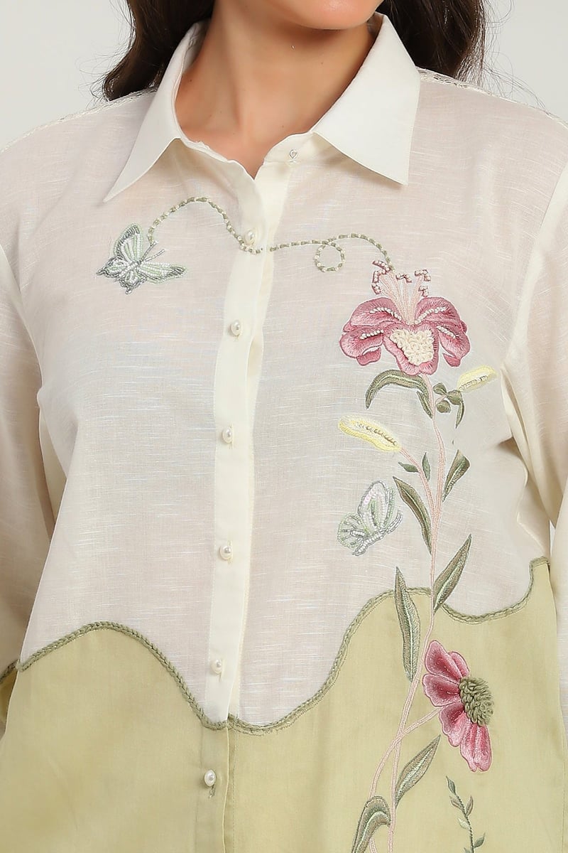 Off White and Sage Colorblocked Embroidered Shirt