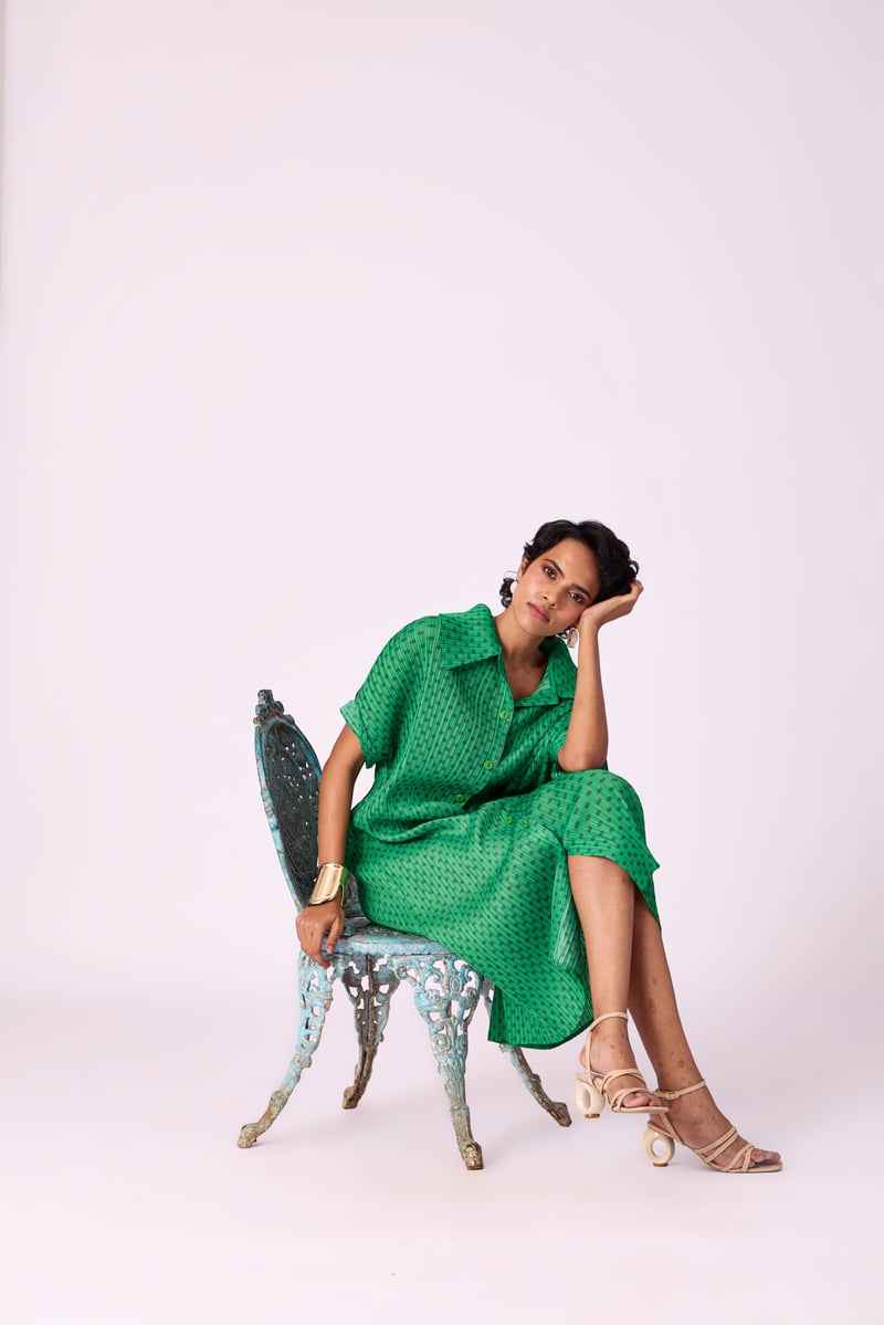 Green Pleated Printed Midi Shirt Dress
