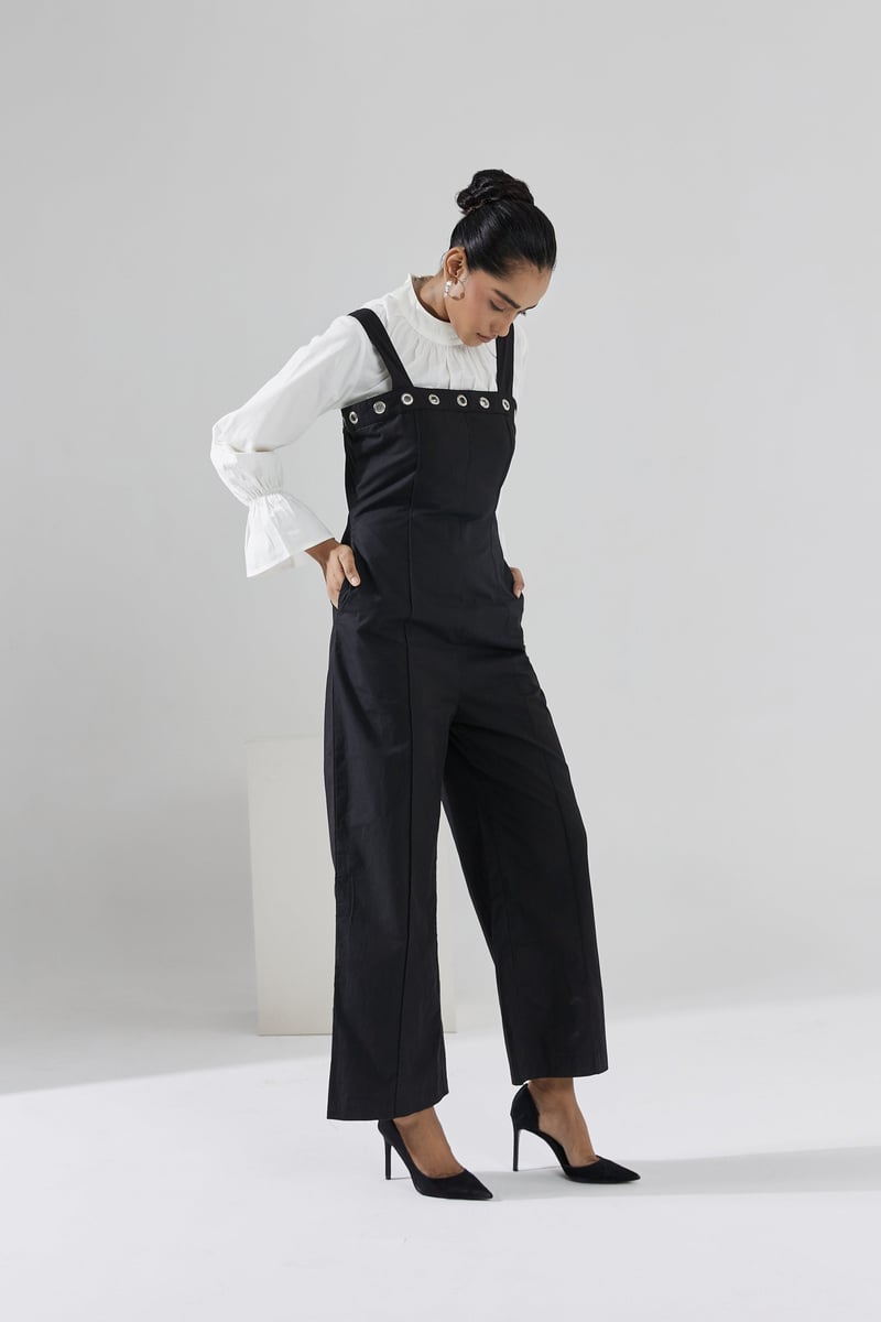 Black Poplin Dungaree-Style Straight-Leg Jumpsuit