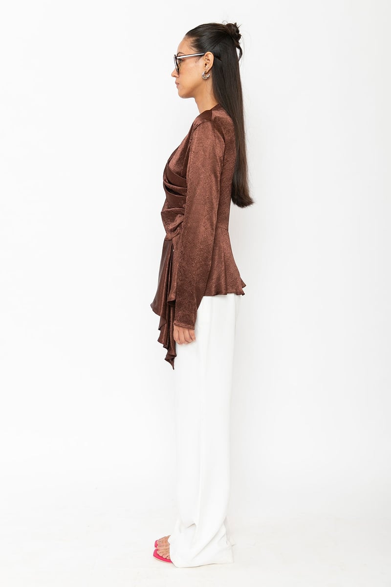 Brown Crushed Satin Wrap-Front Peplum Top