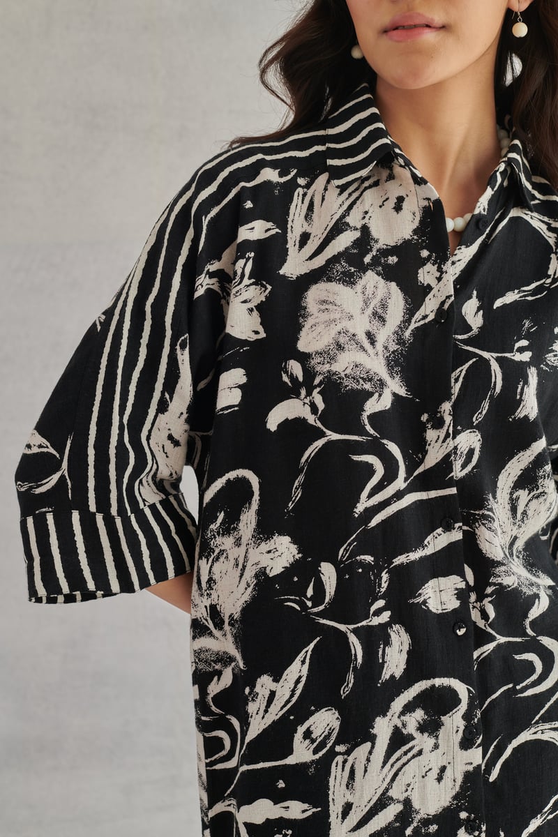 Black Longline Floral Printed Button-Down Shirt