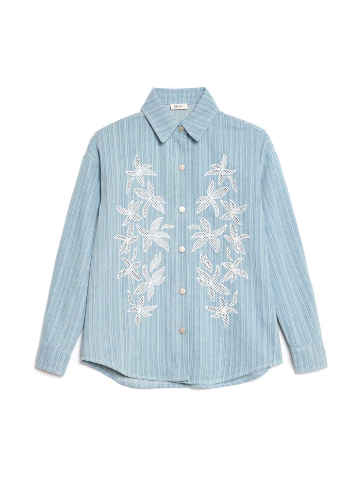 Washed Blue Striped Denim Shirt with Floral Cutwork