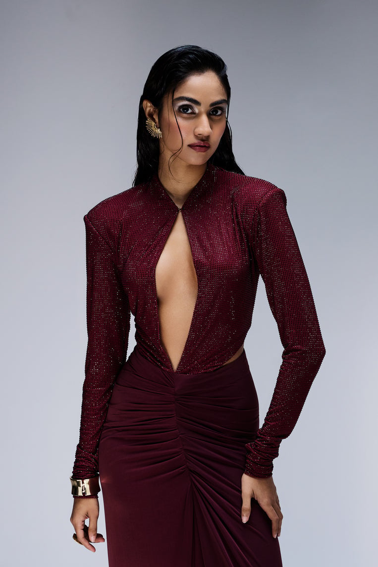 Wine Keyhole Neck Embellished Maxi Gown
