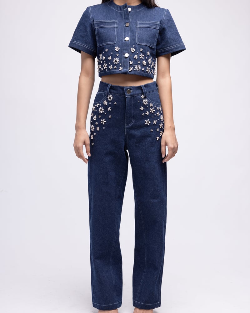 Dark Blue High-Rise Barrel Jeans with Crystal Embellishment