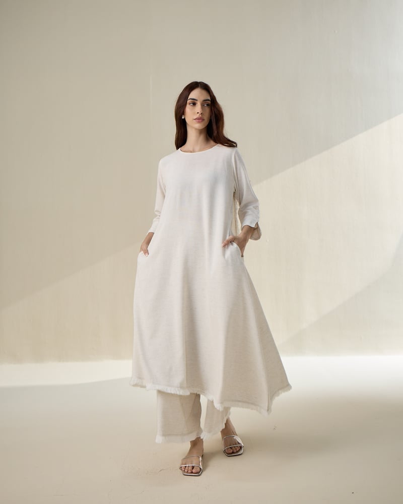 Natural Linen A-Line Kurta Set with Overlapped Back