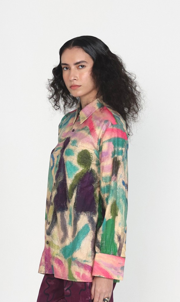 Multicolor Abstract Print Cotton Satin Relaxed-Fit Shirt