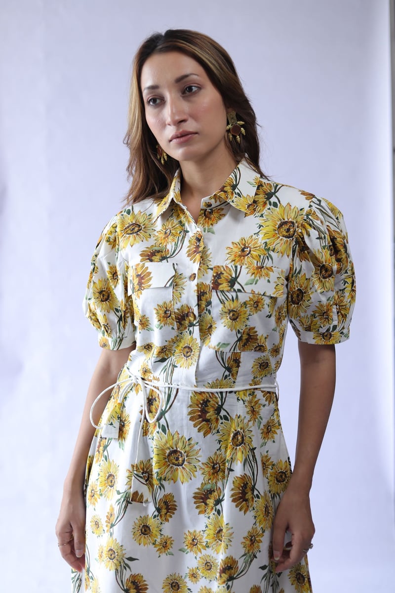 White Sunflower Print Poplin Shirt Dress with Tie Belt