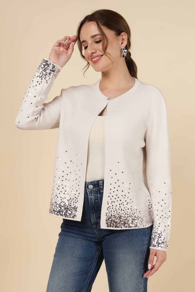 Ecru Sequin Hem Fine-Knit Cardigan