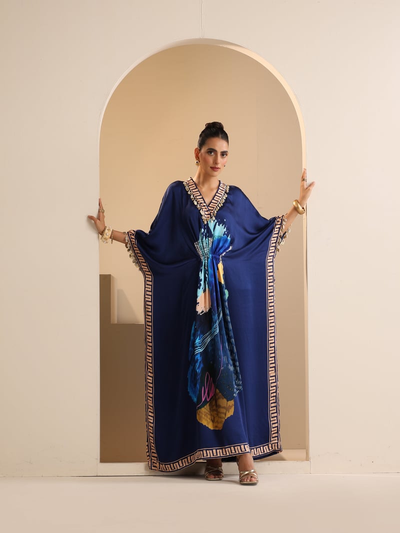 Multicolor Modal Satin Abstract Print Maxi Kaftan — Sakshi G Chawla