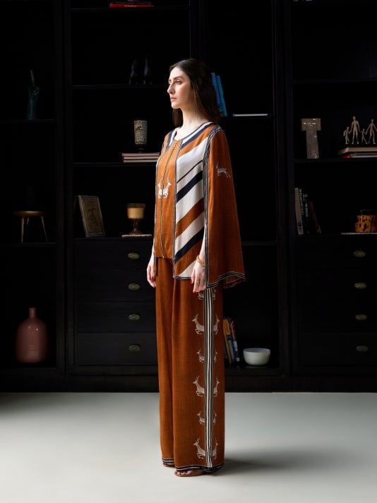 Tan Cupro Satin Printed Zip-Front Co-ord Set