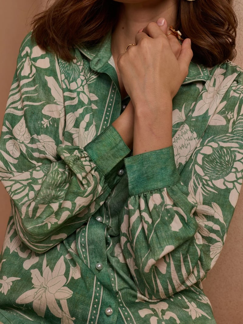 Green Floral Printed Button-Down Shirt