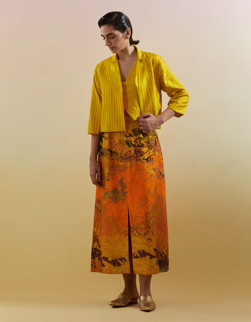 Yellow Colorblocked Jacket and Abstract Skirt Co-ord Set