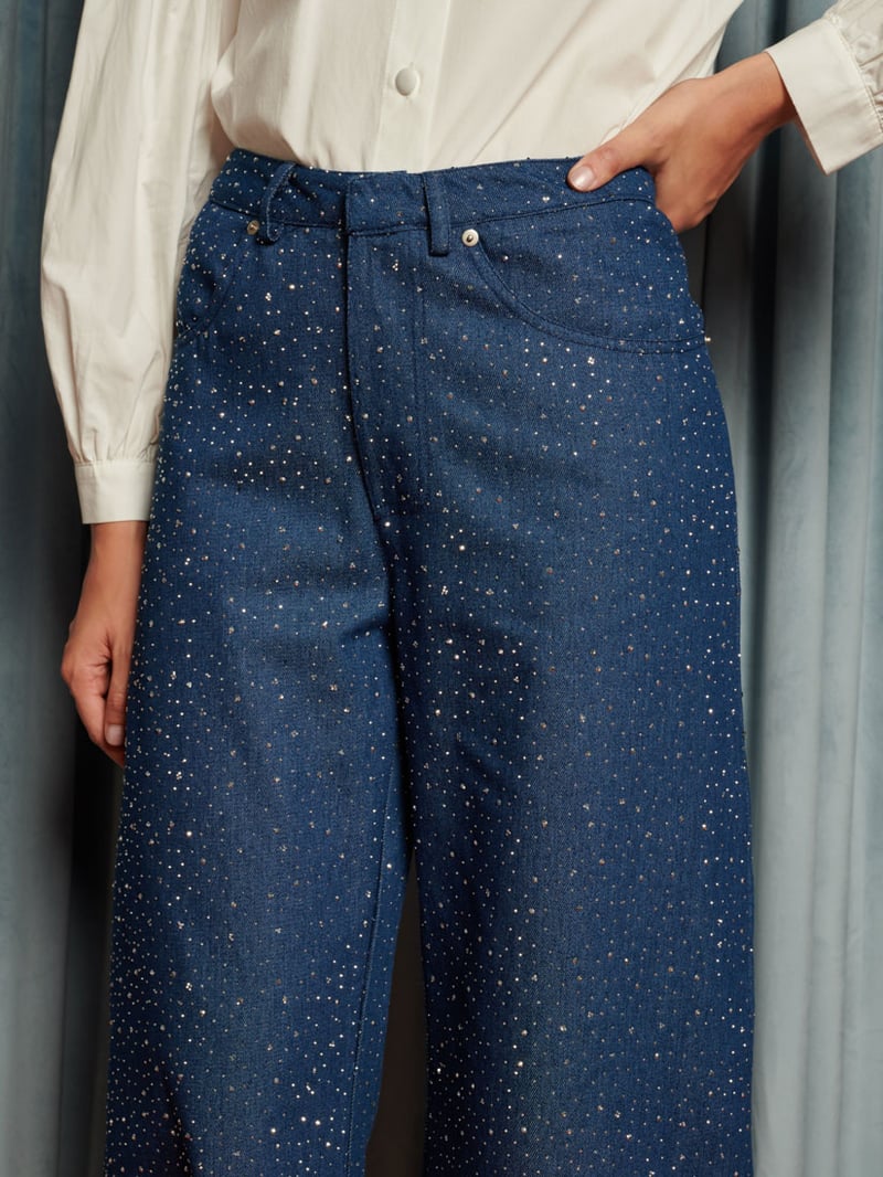 Blue Studded Wide-Leg High-Rise Jeans