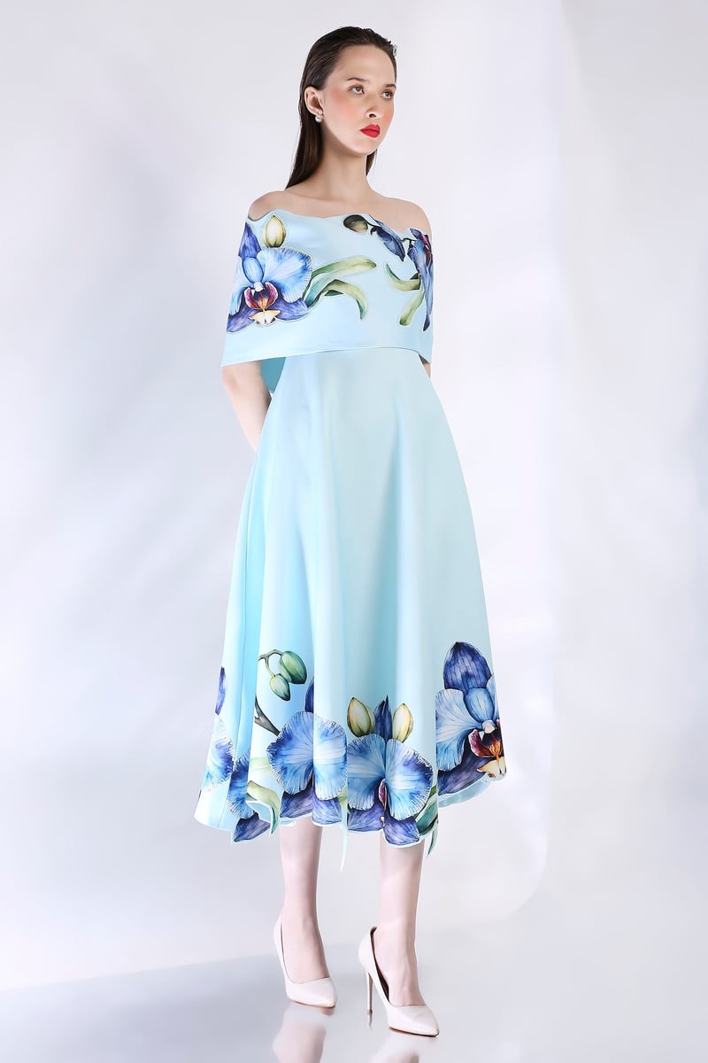Blue Off-Shoulder Floral Print Fit and Flare Midi Dress