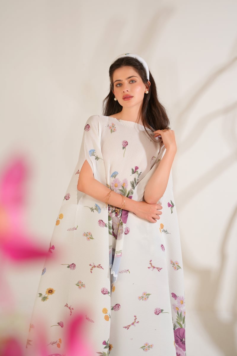 White Floral Pleated Cape and Trouser Co-ord Set