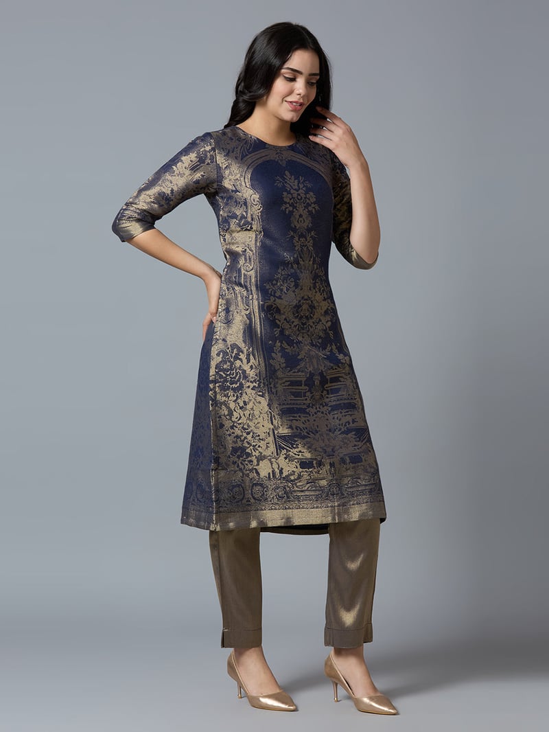 Navy/Gold Brocade Straight Kurta with 3/4 Sleeves