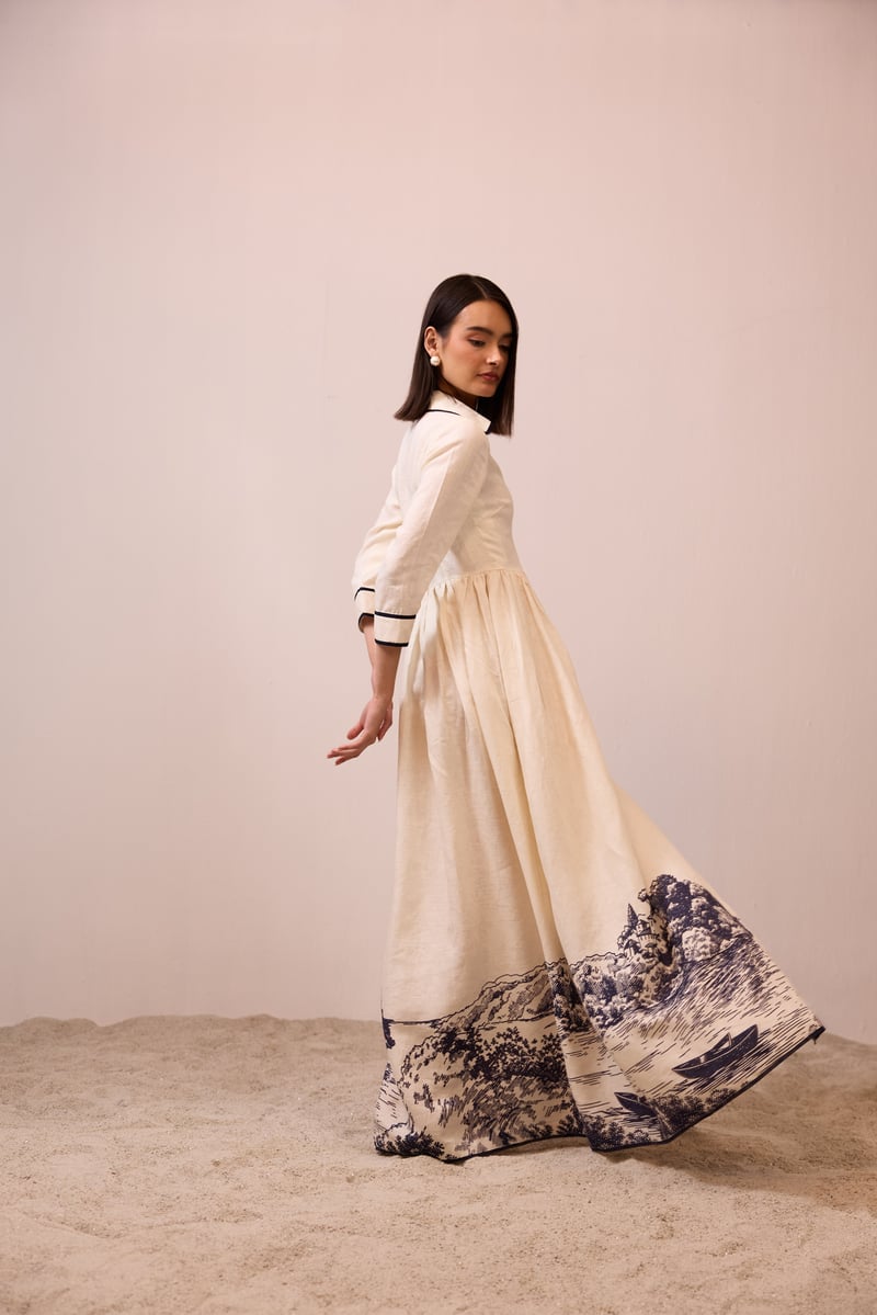 Apricot Linen Maxi Shirt Dress with Landscape Hem Print