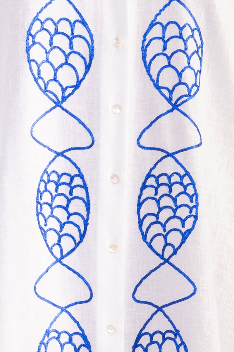 White Mini Shirt Dress with Blue Fish Embroidery