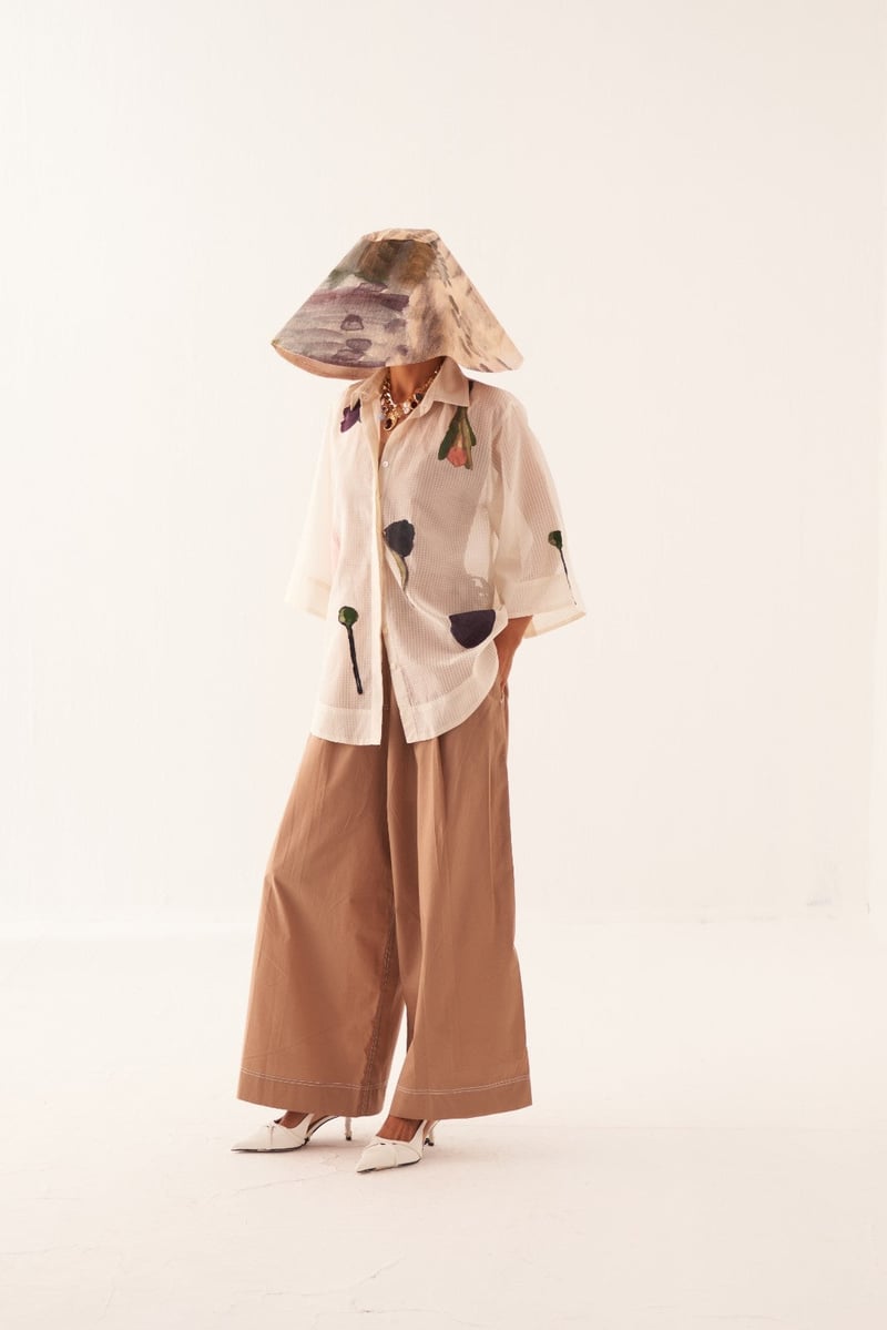 Ivory Sheer Cotton Dobby Applique Shirt