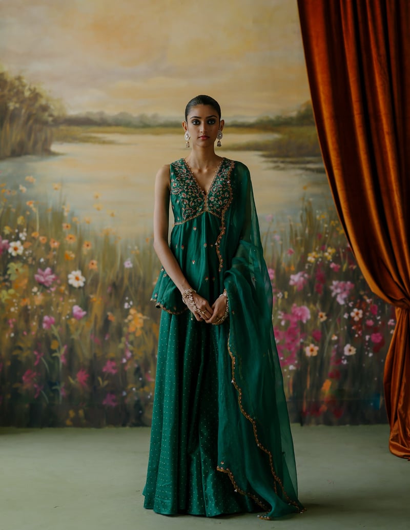 Emerald Green Embroidered Peplum Sharara Set with Dupatta
