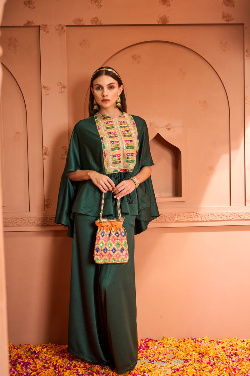 Emerald Green Kaftan Top and Flared Pants Co-ord Set
