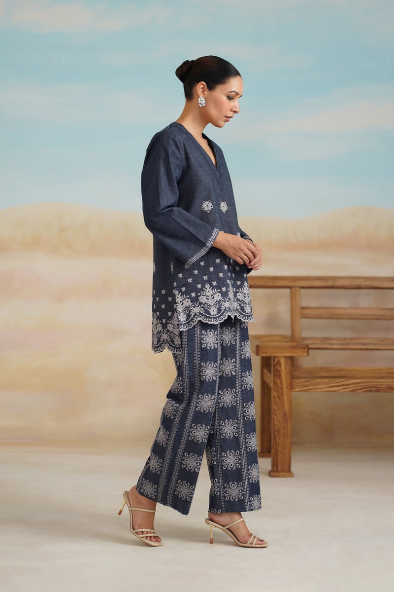 Denim Blue Embroidered Tunic and Wide-Leg Co-ord Set