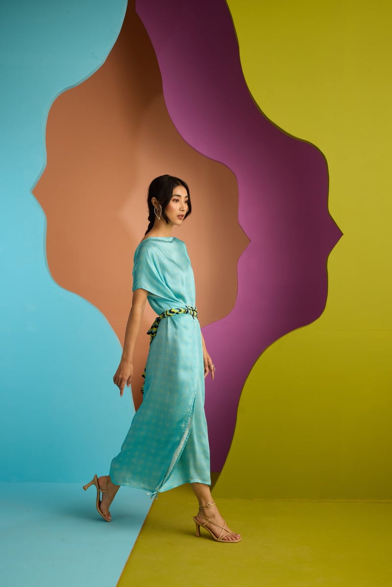 Aqua Blue Printed Maxi Kaftan Dress with Belt