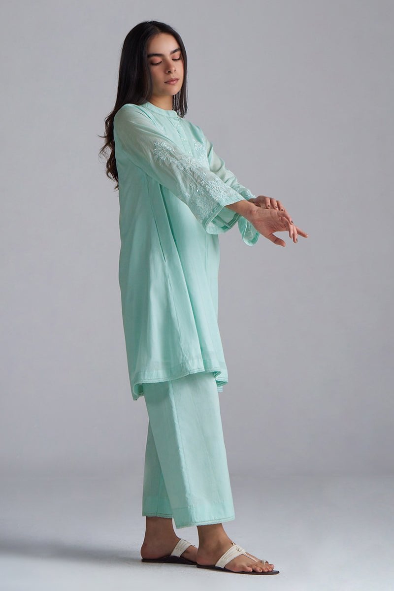 Dusky Aqua Mul-Mul Embroidered Kurta and Pant Co-ord Set