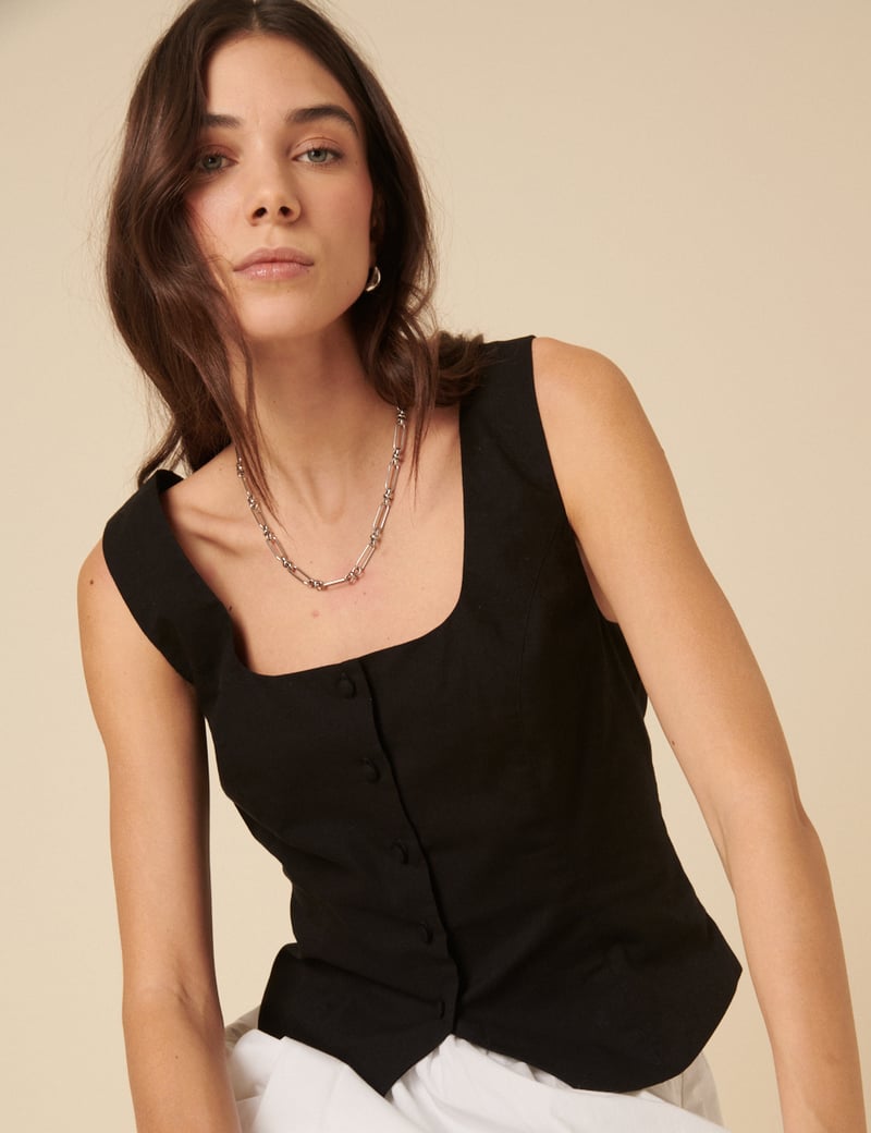 Black Waistcoat-Style Sleeveless Button-Front Top