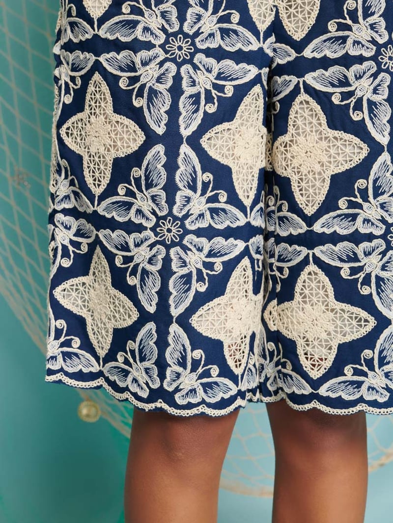 Navy High-Rise Embroidered Knee-Length Shorts