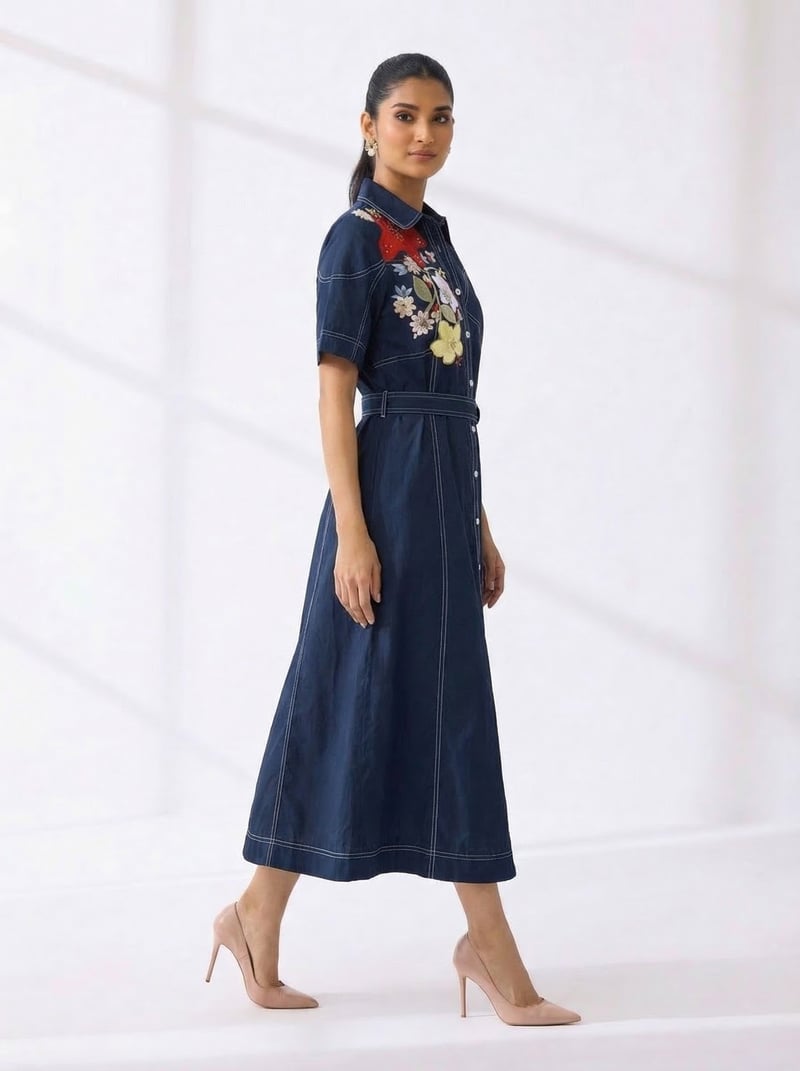Navy Cotton Embroidered Belted Shirt Midi Dress