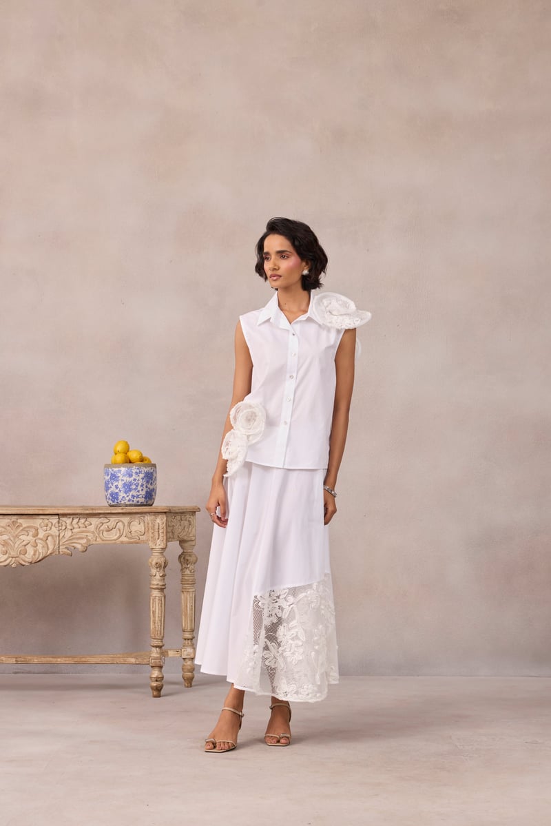 Bright White Sleeveless Shirt with 3D Rosette Detail — 63East