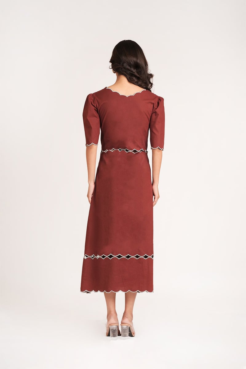 Chocolate Brown Scallop Detail Cotton Midi Dress