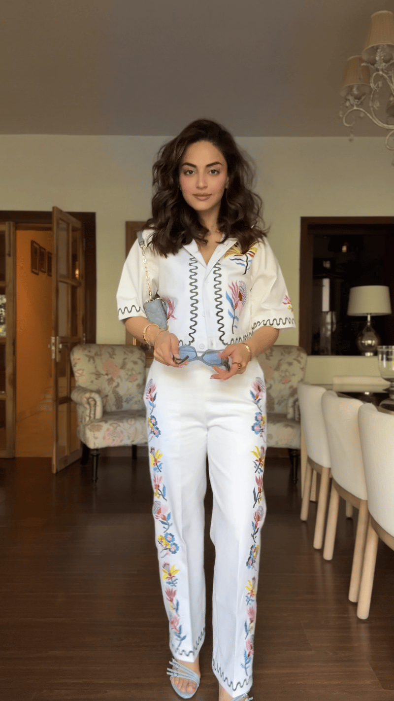 White Denim Embroidered Co-ord Set with Crop Jacket