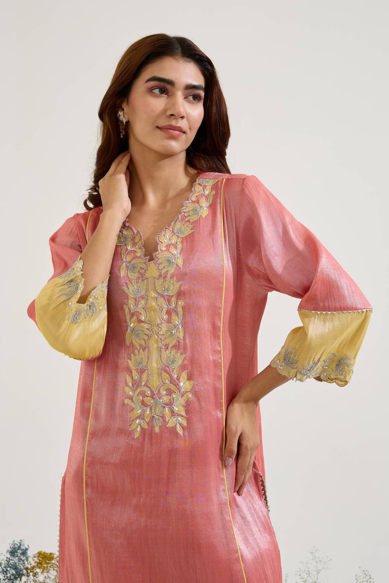Red Tissue Straight Kurta Set with Applique Neck and Pants
