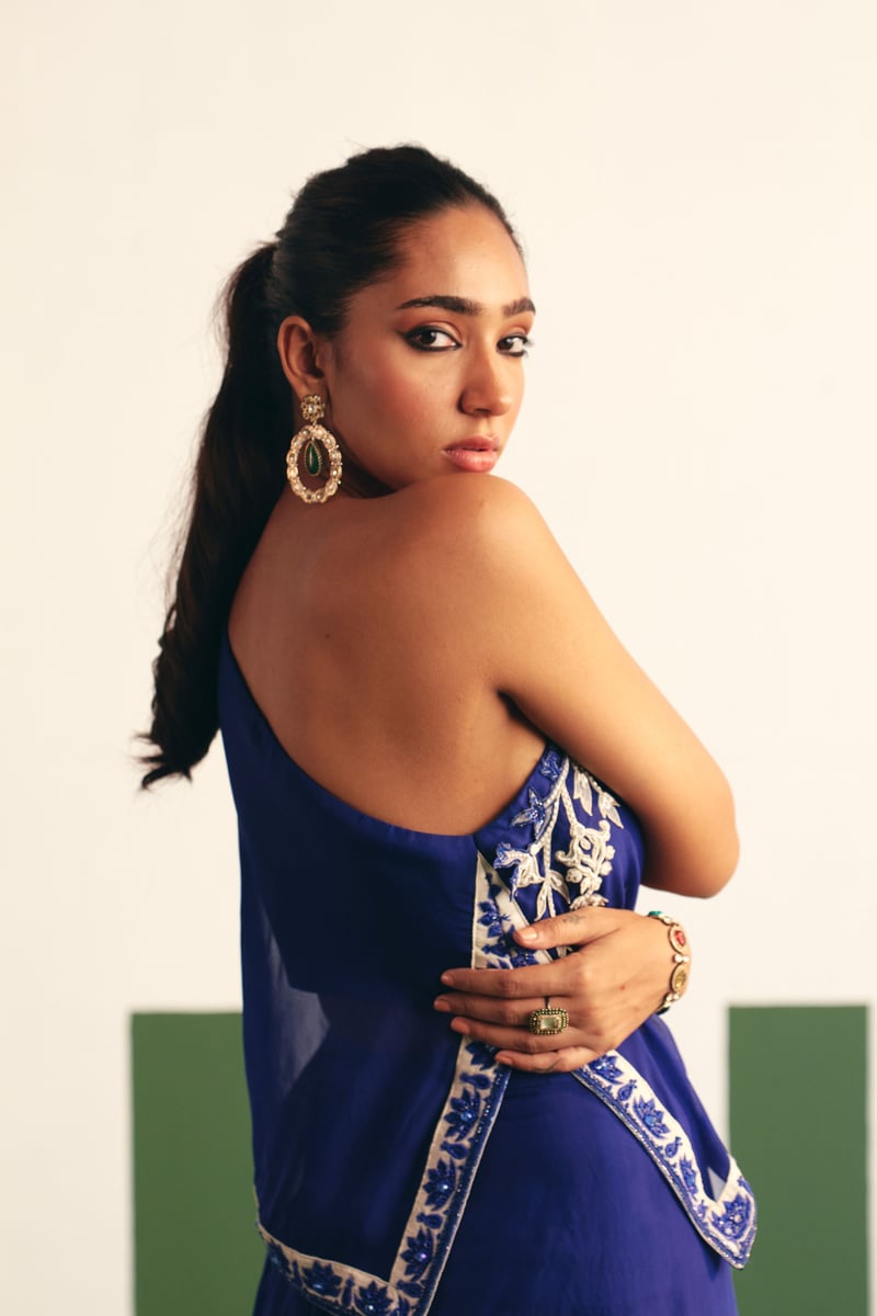 Ink Blue One-Shoulder Embroidered Kaftan Set