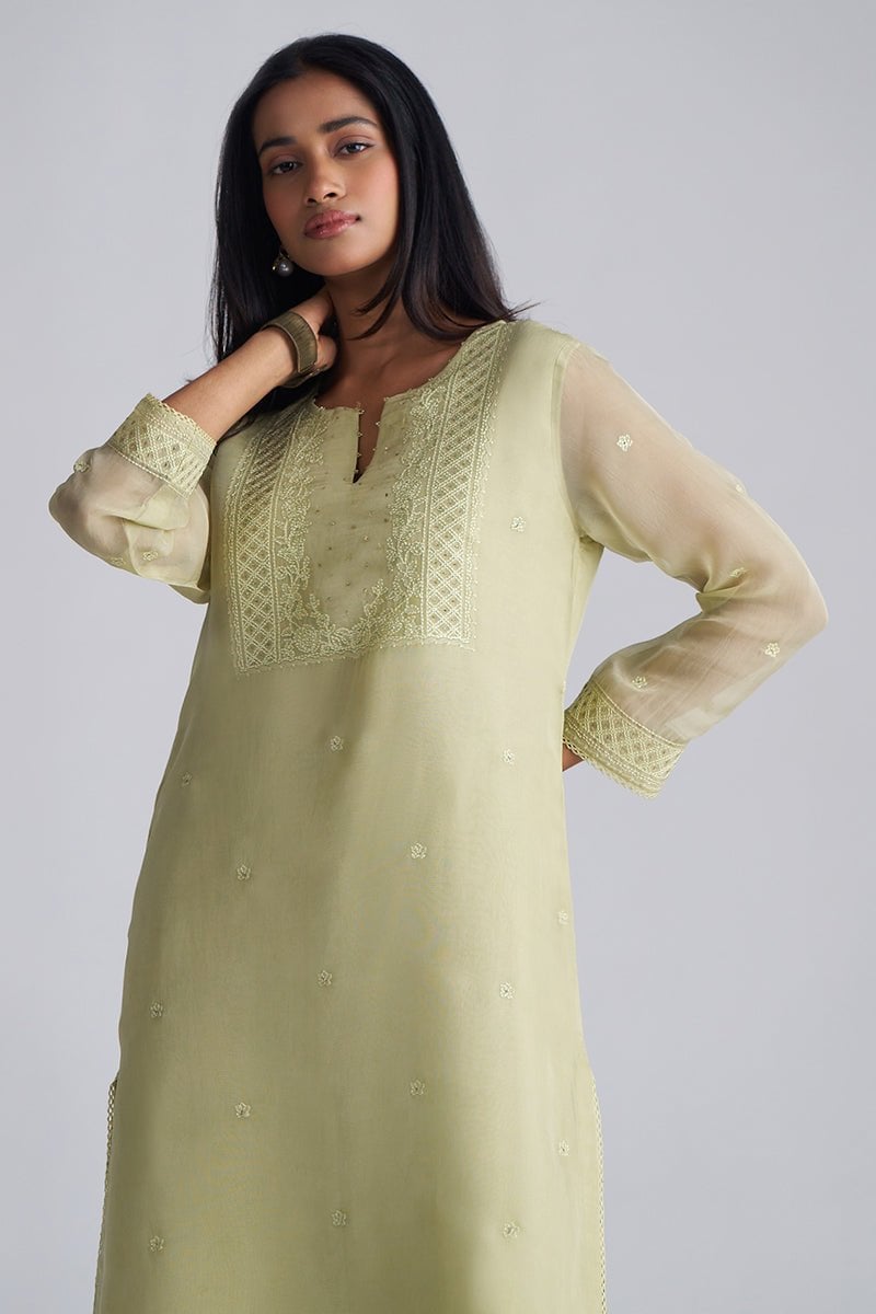 Pista Milk Sheer Kora Silk Embroidered Kurta Set