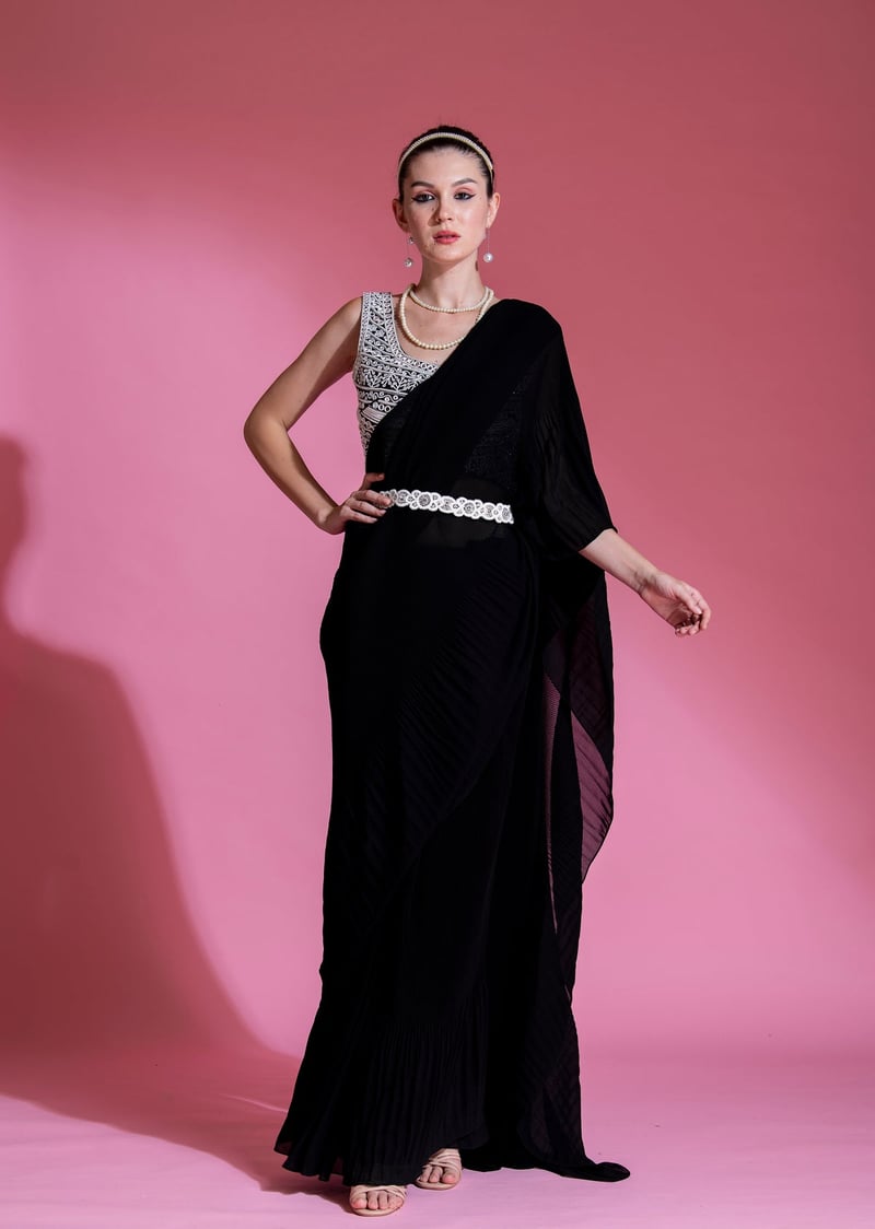 Black Pre-Draped Pleated Saree Set with Belt