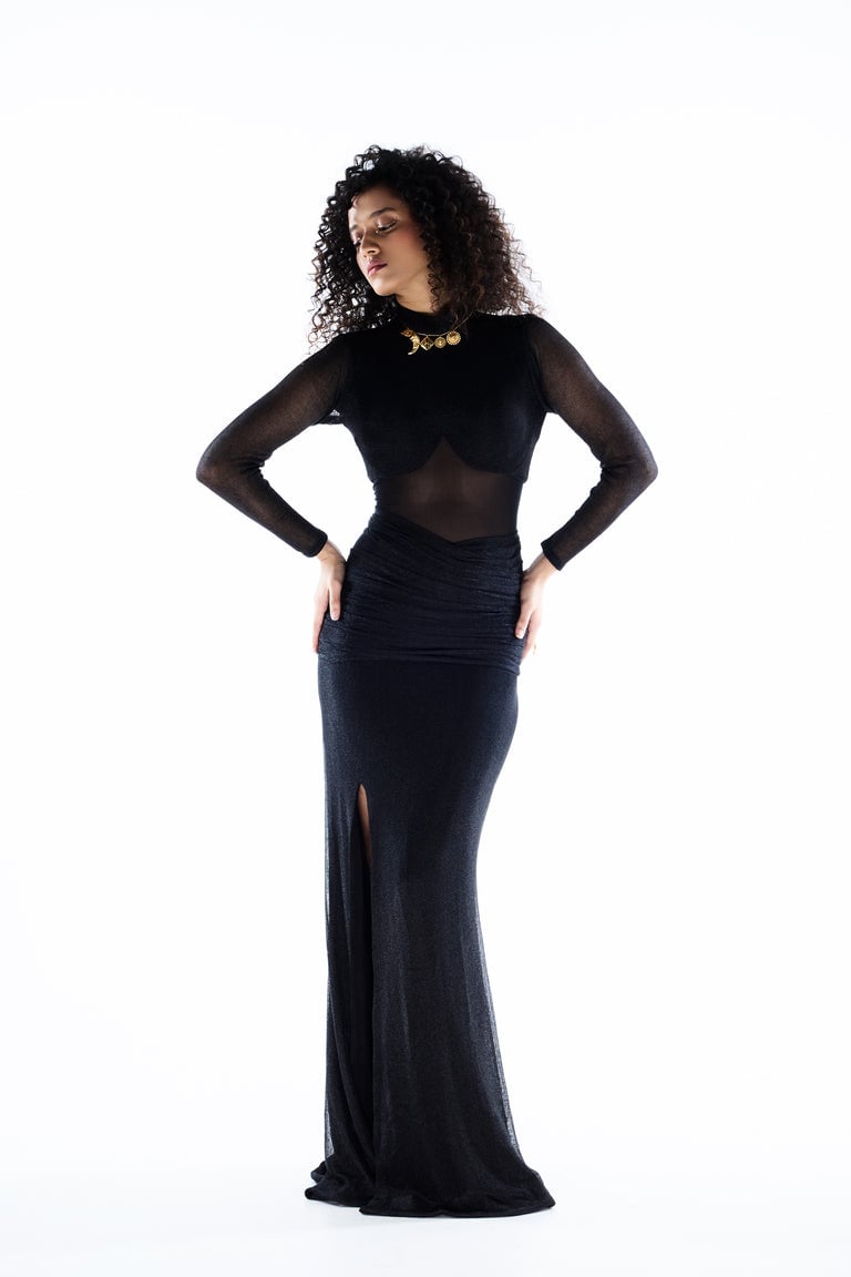 Black Shimmer Mesh Bodycon Maxi Dress with Sheer Midriff