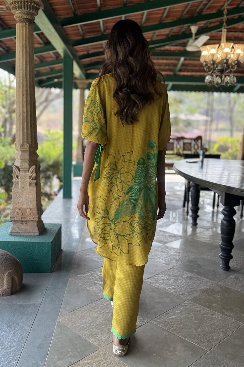 Pear Green Printed Co-ord Set with Scallop V-Neck