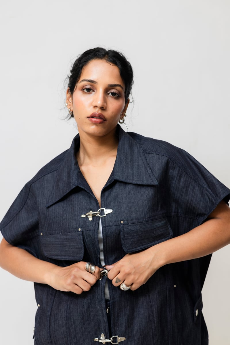 Navy Blue Oversized Herringbone Denim Utility Jacket