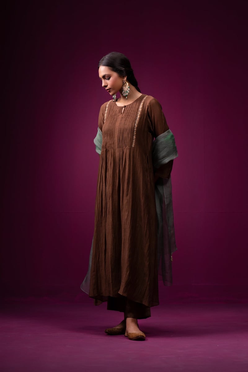Brown Silk Chanderi Hand-Embroidered Kurta Set