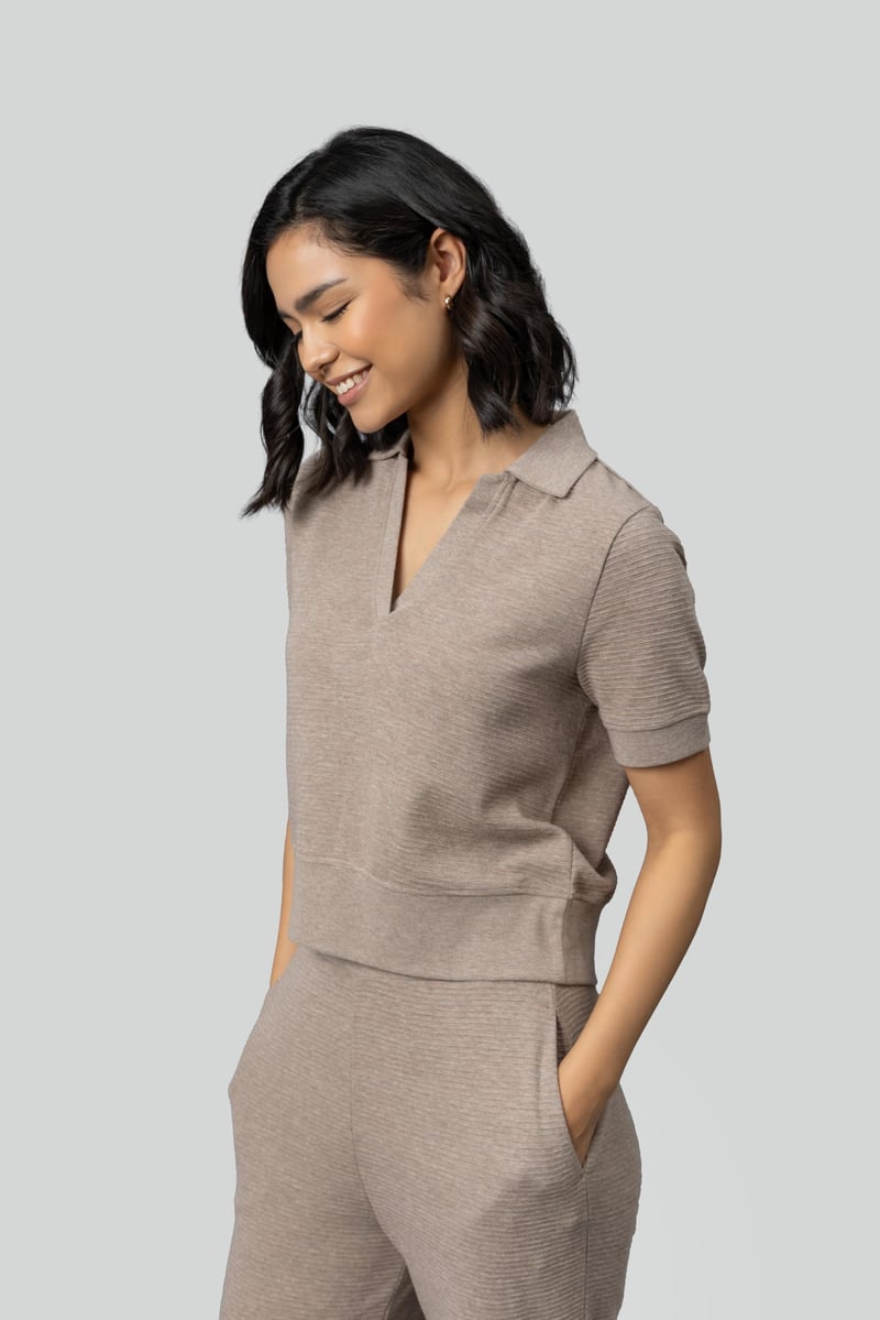 Beige Ottoman Rib Cropped Polo Top