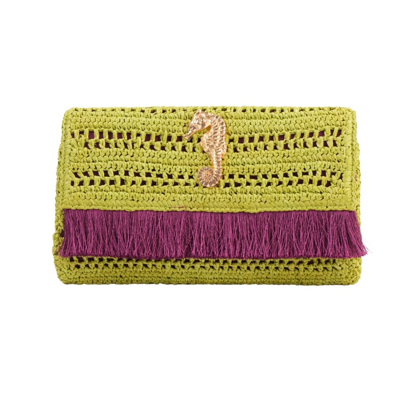 JENA Poppy Green Slim Raffia Clutch with Gold Emblem