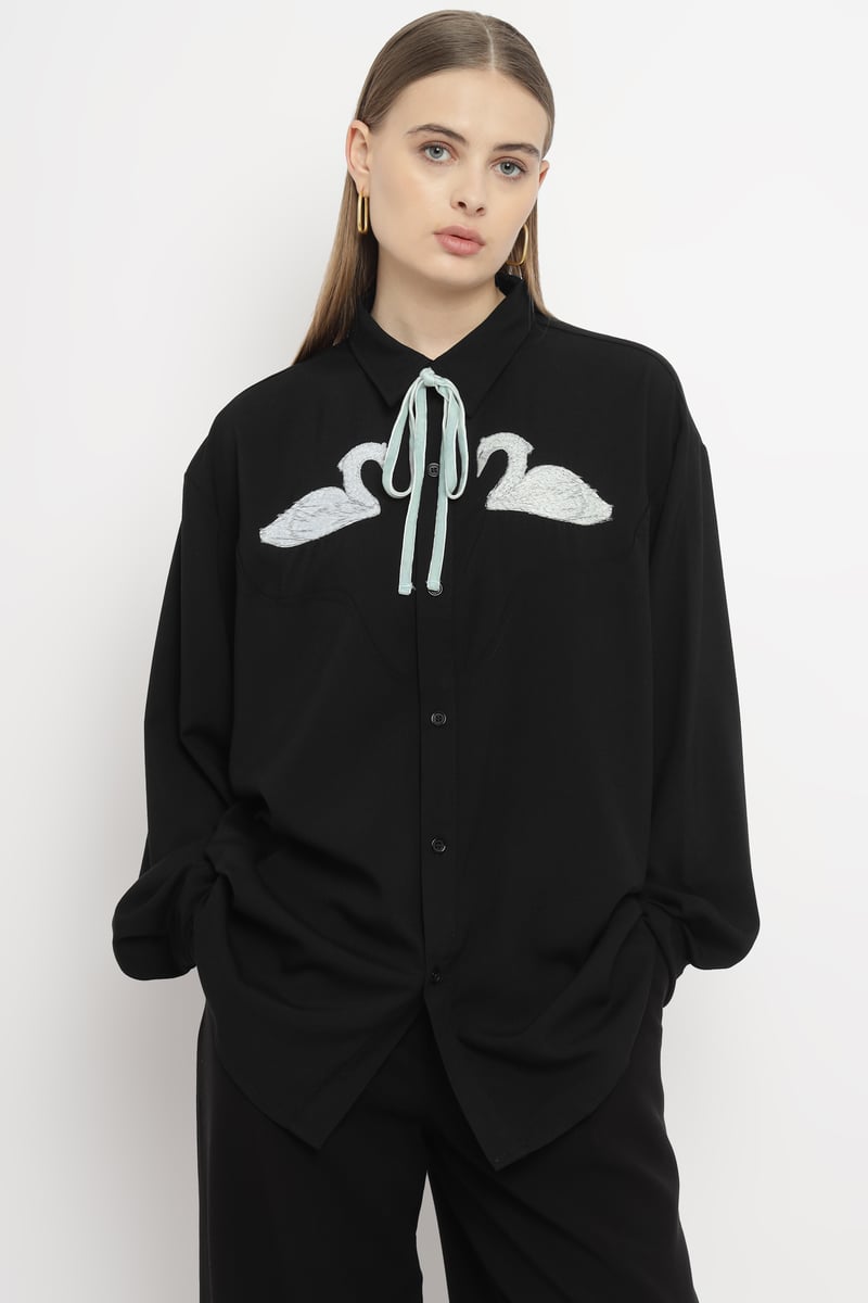 Black Oversized Swan Embroidered Shirt with Satin Necktie — SISTER JANE