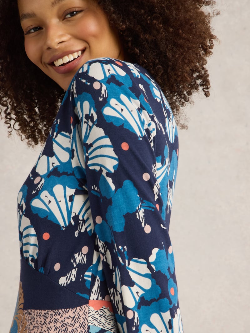 Navy Multi Printed Jersey Fit and Flare Midi Dress