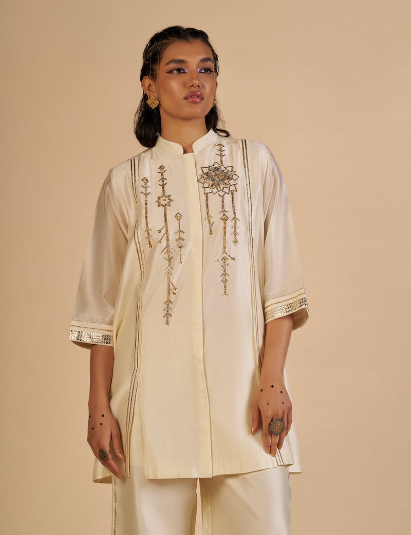 Off White Boxy Silk Chanderi Shirt with Gota Work
